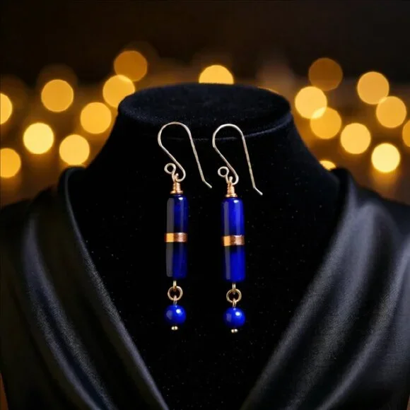 Deep Blue Slim Dangle Earrings - Sleek Trendy Versatile - Day or Night Wear - Picture 7 of 10